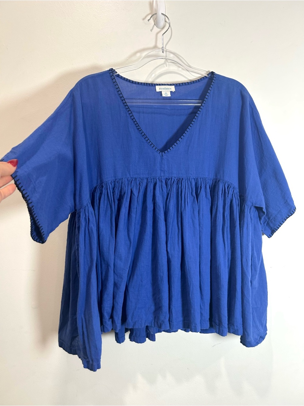 Sundance Babydoll Top Blue Short Sleeve V Neck Cotton Boho Women XS Flowy Folk
